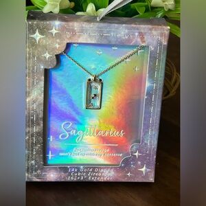 14K Gold Dipped Zodiac Sagittarius Cubic Zirconia Pierced Glass Necklace NWT